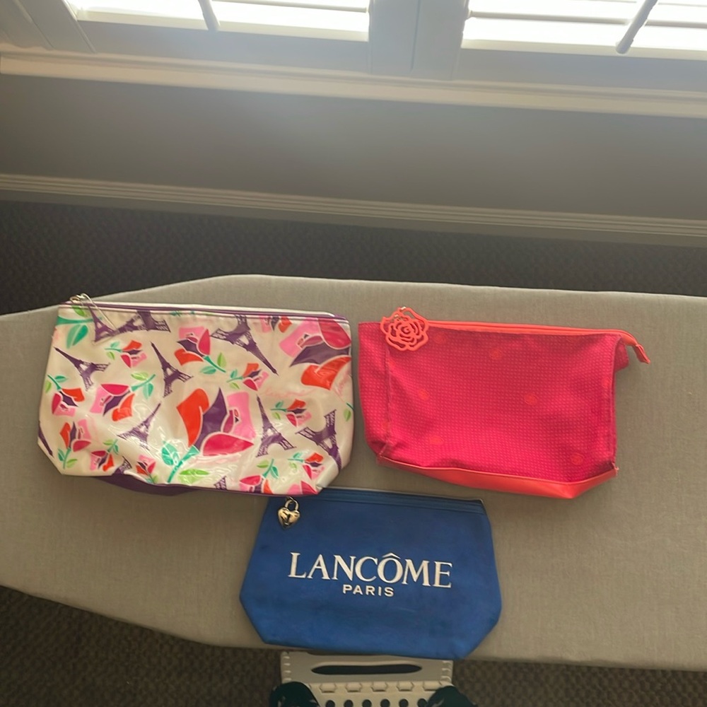 Lancome Paris Blue Pouch and Colorful Cosmetic Bags (Set of 3)